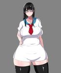  1girl artist_request ayashi_amedama big_hips black_hair blue_eyes blush breasts character_request copyright_request female glasses long_hair looking_at_viewer necktie original plump simple_background smile solo source_request thick_thighs thighhighs thighs tie wide_hips zettai_ryouiki 