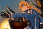  atago_(kantai_collection) beret black_gloves blonde_hair blue_eyes breasts gloves hand_on_hip hat kantai_collection large_breasts long_hair machinery nishi_koutarou one_eye_closed outstretched_arm smile solo sunset upper_body 