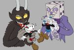  &lt;3 animate_inanimate black_fur brother brothers clothed clothing cuphead_(character) cuphead_(game) demon drinking fur gloves group horn king_dice larger_male male mugman object_head shorts sibling size_difference smaller_male the_devil_(cuphead) toxic-boner video_games yellow_eyes 