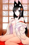  animal_ears black_eyes black_hair breasts fox_ears long_hair looking_at_viewer medium_breasts navel open_clothes original sitting smile solo undressing yami_no_kohaku 