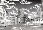  analog_clock building city cityscape clock cloud cloudy_sky crosswalk grass greyscale guard_rail highres lamppost landmark millipen_(medium) monochrome nib_pen_(medium) no_humans olympic_flag outdoors real_world_location road road_sign scenery sign sky skyscraper street t_takahashi_(ixtl416) tokyo_(city) traditional_media traffic_light wall 