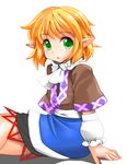  :o arm_warmers blonde_hair green_eyes mizuhashi_parsee mono_(moiky) pointy_ears scarf short_hair simple_background sitting solo touhou white_background 