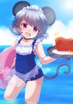  animal_ears apron blush boned_meat buck_teeth collar food grey_hair innertube iris_anemone maid maid_apron maid_headdress maid_swimsuit meat mouse_ears mouse_tail nazrin nontraditional_school_swimsuit one-piece_swimsuit open_mouth red_eyes school_swimsuit short_hair smile solo swimsuit tail touhou water wavy_mouth 