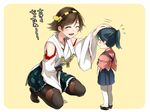  bare_shoulders detached_sleeves headgear hiei_(kantai_collection) houshou_(kantai_collection) japanese_clothes kantai_collection long_hair multiple_girls nakaya_106 nontraditional_miko pantyhose petting short_hair smile thighhighs translated younger 