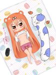  1girl :i animal_costume animal_hood barefoot blush breasts cameltoe cloak doma_umaru feet female game_console hamster hamster_costume handheld_game_console himouto!_umaru-chan hood long_hair longcat lying mattress navel necolumbus nekoronbusu nipples no_bra nonaka_chikin on_back open_clothes orange_hair red_eyes shirt_lift solo stuffed_animal stuffed_cat stuffed_toy translation_request 