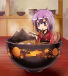  blush bowl chopsticks eating food highres in_bowl in_container in_food indoors japanese_clothes kimono koissa light_smile long_sleeves minigirl no_hat no_headwear noodles obi purple_eyes purple_hair ramen rice_bowl sash short_hair sitting solo steam sukuna_shinmyoumaru touhou upper_body 