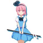  :o black_hairband blue_skirt blush cato_(monocatienus) color_switch commentary_request hair_ribbon hairband konpaku_youmu legs_together looking_at_viewer pink_eyes pink_hair ribbon short_hair skirt solo sword touhou v_arms vest weapon 