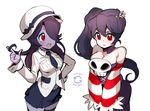  alternate_hairstyle bare_shoulders black_hair blue_skin blush breast_squeeze breasts cleavage corset cosplay costume_switch cowboy_shot detached_collar detached_sleeves filia_(skullgirls) filia_(skullgirls)_(cosplay) hair_over_one_eye hair_twirling hand_on_hip hat large_breasts leviathan_(skullgirls) long_hair multiple_girls ng_(kimjae737) pale_skin samson_(skullgirls) school_uniform side_ponytail skirt skull skullgirls smile squigly_(skullgirls) squigly_(skullgirls)_(cosplay) stitched_mouth stitches striped_sleeves thighhighs v_arms white_background zettai_ryouiki 