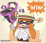  &gt;_&lt; blush bucket closed_eyes collared_shirt commentary_request eighth_note fangs hat inkling long_hair musical_note orange_hair pointy_ears same_anko shirt slosher_(splatoon) solo spinning splatoon_(series) splatoon_1 spoken_musical_note tentacle_hair twitter_username 