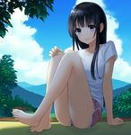  arm_support bangs barefoot black_hair blue_eyes building cloud collarbone day feet full_body hand_on_own_knee hario_(morsk) legs long_hair looking_at_viewer mountainous_horizon original outdoors shirt short_sleeves shorts sitting sky smile solo t-shirt toes 