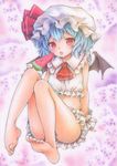  ascot barefoot bloomers blue_hair bow food funnyfunny hat hat_bow mob_cap popsicle red_eyes remilia_scarlet sash solo touhou traditional_media underwear watermelon_bar wrist_cuffs 