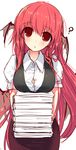  ? book book_stack breast_rest breasts dress_shirt head_tilt head_wings holding holding_book koakuma large_breasts long_hair pandamonium red_hair shirt sketch solo touhou unbuttoned 