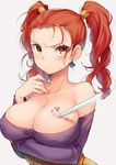  bare_shoulders blush breast_poke breasts cleavage collarbone corset dragon_quest dragon_quest_viii dress earrings heart jessica_albert jewelry large_breasts long_hair looking_at_viewer naso4 poking purple_shirt red_eyes red_hair shirt simple_background solo_focus strapless strapless_dress stylus twintails upper_body 