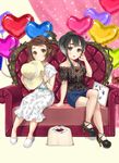  balloon bangs black_hair blue_eyes blush bracelet brown_eyes brown_hair collarbone couch crossed_legs curtains dress eyeshadow floral_print full_body hanekoto hat hat_removed headwear_removed heart heart_balloon high_heels highres holding holding_hat jewelry kantai_collection lipstick looking_at_viewer makeup multicolored_hair multiple_girls necklace no_socks red_lipstick shirt shoes short_hair short_hair_with_long_locks shorts sidelocks sitting star star_print swept_bangs tokitsukaze_(kantai_collection) two-tone_hair white_background white_dress white_hair yukikaze_(kantai_collection) 