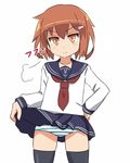  bad_id bad_nicoseiga_id black_legwear black_skirt brown_eyes brown_hair cowboy_shot enusabu_(enusub) hair_ornament hairclip hand_on_hip highres ikazuchi_(kantai_collection) kantai_collection long_sleeves looking_at_viewer neckerchief panties pleated_skirt red_neckwear sailor_collar school_uniform serafuku short_hair simple_background skirt skirt_lift smile solo striped striped_panties thighhighs underwear white_background 