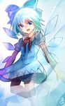  :d asuku_(69-1-31) bad_id bad_pixiv_id bloomers blue_eyes blue_hair blush cirno commentary dress highres ice ice_wings looking_at_viewer open_mouth short_hair smile solo touhou underwear wings 