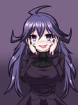  ahoge al_bhed_eyes dress female gradient gradient_background hands_on_own_face hex_maniac_(pokemon) k_(niyari) looking_at_viewer nintendo npc_trainer open_mouth pokemon pokemon_(game) pokemon_xy purple_eyes purple_hair smile solo tongue tongue_out very_long_hair 