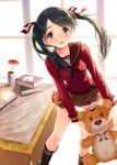 :d belt black_hair blue_eyes blush book breasts hair_ribbon heart heart_eyes holding kantai_collection kneehighs long_hair looking_at_viewer mikuma_(kantai_collection) open_mouth ribbon skirt small_breasts smile solo stuffed_animal stuffed_toy teddy_bear twintails youqiniang 