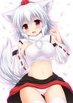  animal_ears bare_shoulders blush breasts detached_sleeves fang hand_on_own_chest hat inubashiri_momiji large_breasts looking_at_viewer midriff nagana_sayui navel open_mouth panties pink_panties pom_pom_(clothes) red_eyes ribbon-trimmed_sleeves ribbon_trim solo tail thighhighs thighs tokin_hat touhou underwear white_hair white_legwear wolf_ears wolf_tail 