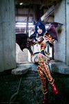  1girl akasha_the_queen_of_pain armor blue_hair boots breasts cleavage cosplay defense_of_the_ancients dota dota_2 horns legs_crossed lipstick long_hair makeup navel photo queen_of_pain red_eyes sitting thigh_boots torn_clothes wings 