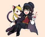  1girl :&lt; animal_ears arm_around_waist black_hair blonde_hair blush breasts brown_eyes cape cat_ears cat_tail chibi cleavage crossed_legs cup drinking_glass earrings elbow_gloves fake_animal_ears fang fullmetal_alchemist gloves hat jewelry kemonomimi_mode leotard medium_breasts ng_(kimjae737) paw_gloves paws playboy_bunny_leotard riza_hawkeye roy_mustang tail thighhighs top_hat wine_glass 