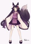  :3 animal_ear_fluff animal_ears bangs black_hair blunt_bangs commentary_request eyebrows fox_ears fox_tail geta hair_ornament japanese_clothes long_hair looking_at_viewer miko_x_kon! original purple_eyes shugao skirt solo tail tengu-geta thighhighs very_long_hair white_legwear zettai_ryouiki 