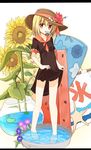  adapted_costume barefoot blonde_hair dress flower food fruit hat hat_flower hibiscus kooribata letterboxed looking_at_viewer morning_glory mouth_hold popsicle red_eyes rumia sailor_dress shell short_sleeves skirt_hold solo standing starfish summer sunflower touhou wading water watermelon yuuhagi_(amaretto-no-natsu) 