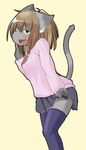  blush brown_hair cat clothing feline female fur green_eyes grey_fur hair kemono legwear mammal open_mouth skirt solo stockings ぺるり 