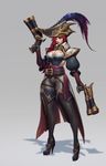  banned_artist belt blue_eyes boots braid breasts captain_fortune dual_wielding gloves grey_background gun hair_over_shoulder handgun high_heel_boots high_heels highres holding large_breasts league_of_legends legs paul_kwon pistol red_hair sarah_fortune simple_background single_braid solo thigh_boots thighhighs weapon 