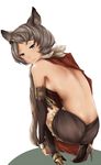  animal_ears back backless_outfit bad_id bad_pixiv_id bare_back blush cape detached_sleeves dress erune from_behind granblue_fantasy green_eyes grey_hair hair_ornament kirieppa looking_at_viewer looking_back scarf short_hair solo squatting sutera_(granblue_fantasy) thighhighs 