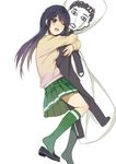 ;d bangs black_footwear black_hair blue_eyes blush dakimakura_(object) eyebrows_visible_through_hair from_side green_legwear green_skirt haijin kneehighs loafers long_hair looking_at_viewer love_lab maki_natsuo object_hug one_eye_closed open_mouth pillow pillow_hug pleated_skirt school_uniform shoe_dangle shoes simple_background skirt smile solo sweater teeth white_background 