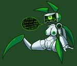  blush breasts cleavage clothed clothing english_text female green_background green_nipples machine my_life_as_a_teenage_robot nipples pussy robot simple_background stompertron text xj-6 