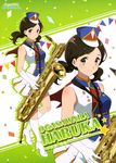 absurdres artist_request band_uniform baritone_saxophone boots brown_eyes brown_hair character_name confetti copyright_name hat hibike!_euphonium highres instrument knee_boots legs non-web_source official_art ogasawara_haruka saxophone short_twintails smile solo twintails white_footwear zoom_layer 