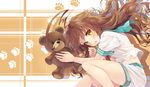  ahoge blush brown_hair feet_out_of_frame fetal_position highres kakao_rantan kantai_collection kuma_(kantai_collection) long_hair looking_at_viewer lying on_side open_mouth sailor_collar shorts solo stuffed_animal stuffed_toy teddy_bear 