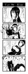  animal animal_on_head ass bandages bandaid bent_over bird bird_on_head blood blood_spray breasts chicken comic cyclops egg food frying_pan greyscale highres injury knife large_breasts monochrome monster_girl noodles on_head one-eyed original phone ponytail sangyou_haikibutsu_(turnamoonright) school_uniform tears translation_request trembling 