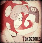  adjusting_goggles aqua_eyes bad_id bad_pixiv_id black_gloves breastplate character_name collarbone gloves goggles goggles_on_head goggles_removed long_hair nishia octarian red_hair solo splatoon_(series) splatoon_1 takozonesu tentacle_hair upper_body 