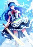  blue_hair blue_sky bow cloud day dress dutch_angle frills hat hinanawi_tenshi layered_dress ling_(vivianling) long_hair open_mouth puffy_sleeves red_eyes short_sleeves sky smile solo sword_of_hisou thighhighs touhou white_legwear zettai_ryouiki 