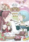  2girls anthony_(madoka_magica) apple bare_shoulders blue_hair bow cake candy cape charlotte_(madoka_magica) cherry chocolate_cornet detached_sleeves dumpling facial_hair feeding flower food fruit gertrud_(madoka_magica) gloves hair_bow hair_ornament hairclip heart highres ice_cream ice_cream_sandwich icing kyubey long_hair magical_girl mahou_shoujo_madoka_magica mahou_shoujo_madoka_magica_movie miki_sayaka multiple_girls mustache official_art oktavia_von_seckendorff pastry polearm ponytail red_hair rose sakura_kyouko scan short_hair spear swiss_roll sword waffle walpurgisnacht_(madoka_magica) weapon whipped_cream white_gloves wrapped_candy 