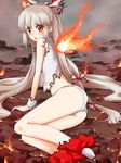  ass blush bow burnt_clothes collared_shirt fiery_wings fujiwara_no_mokou grey_hair hair_bow jack_(wkm74959) long_hair looking_at_viewer looking_back lying on_side open_mouth panties red_eyes shirt shoes socks solo touhou underwear very_long_hair wings wrist_cuffs 
