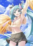  aqua_eyes aqua_hair arm_up armpits blush commentary_request daidou_(demitasse) detached_sleeves hair_ribbon hatsune_miku highres long_hair midriff navel necktie open_mouth pom_poms ribbon skirt smile solo sweat twintails very_long_hair vocaloid 