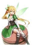  blonde_hair boots bracelet breasts brown_footwear dress food gabiran green_eyes green_wings in_food jewelry knee_boots leafa long_hair looking_at_viewer macaron medium_breasts minigirl open_mouth pointy_ears ponytail sitting solo sword_art_online thighhighs very_long_hair white_background wings 