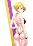  ass bikini blonde_hair bracelet earrings echizen_murasaki from_behind hand_on_hip jewelry looking_at_viewer looking_back multicolored_hair murakumo1987 purple_eyes short_hair smile solo swimsuit thong thong_bikini tokyo_7th_sisters two-tone_hair whale_tail 