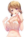  alternate_hairstyle blush breasts brown_hair cleavage koizumi_hanayo large_breasts looking_at_viewer love_live! love_live!_school_idol_project navel open_mouth purple_eyes scrunchie short_hair short_ponytail simple_background siva_(executor) smile solo strap_pull white_background 