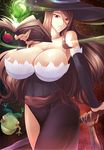  apple areola_slip areolae bare_shoulders book breasts brown_eyes brown_hair cleavage detached_sleeves dragon's_crown food frog fruit haganef hat huge_breasts long_hair parted_lips sash solo sorceress_(dragon's_crown) thighs witch_hat 