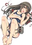  bare_legs bare_shoulders barefoot black_hair blush hair_down ichikawa_feesu isonami_(kantai_collection) kantai_collection long_hair looking_at_viewer machinery one-piece_swimsuit open_mouth school_swimsuit solo swimsuit torn_clothes torn_swimsuit yellow_eyes 