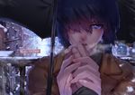  1girl black_hair blue_eyes breath coat ghost_in_the_shell hair_over_one_eye holding_hands katsuoboshi kusanagi_motoko looking_at_viewer out_of_frame pov pov_hands short_hair snowing solo_focus umbrella winter 