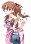  alternate_hairstyle amelie apron ass bare_shoulders blue_eyes brown_hair hair_ornament hairclip jewelry long_hair neon_genesis_evangelion ponytail ring skirt smile solo souryuu_asuka_langley tank_top tying 