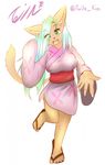  2015 anthro big_breasts blue_hair breasts brown_fur claws clothed clothing cute feline female footwear fur green_eyes hair inner_ear_fluff japanese_clothing kimono long_hair looking_at_viewer mammal open_mouth pointy_ears sandals simple_background solo tailzkim teeth text tongue white_background 