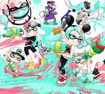  4boys adjusting_clothes adjusting_hat aerospray_(splatoon) aqua_hair baseball_cap bike_shorts black_hair blonde_hair boots domino_mask emporio_alnino ermes_costello fangs fishnets foo_fighters goggles goggles_on_head green_hair grin hat ink_tank_(splatoon) inkbrush_(splatoon) inkzooka_(splatoon) jojo_no_kimyou_na_bouken kuujou_jolyne kuujou_joutarou long_coat mask mike_(tomatomato244) multicolored_hair multiple_boys multiple_girls narciso_anasui one_eye_closed paint_roller paint_splatter parody smile splat_roller_(splatoon) splatoon_(series) splatoon_1 splattershot_(splatoon) stone_ocean super_soaker tentacle_hair two-tone_hair weather_report white_hair 