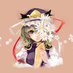  bad_id bad_pixiv_id blue_eyes covering_one_eye daisy flower green_hair hat hat_ribbon long_sleeves mochacot puffy_sleeves ribbon rod_of_remorse shiki_eiki shirt short_hair simple_background smile solo touhou upper_body vest wide_sleeves 